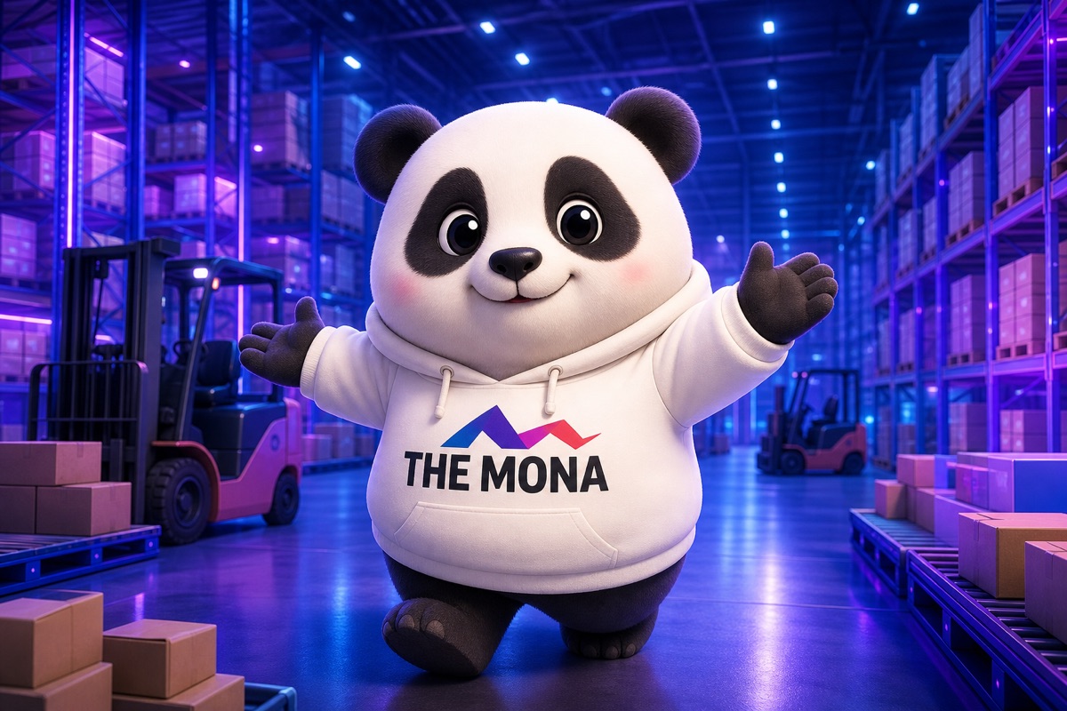 Chibi panda tự tin mời gọi, đại diện cho CRM cho nhà phân phối, giữa kho hàng hiện đại.