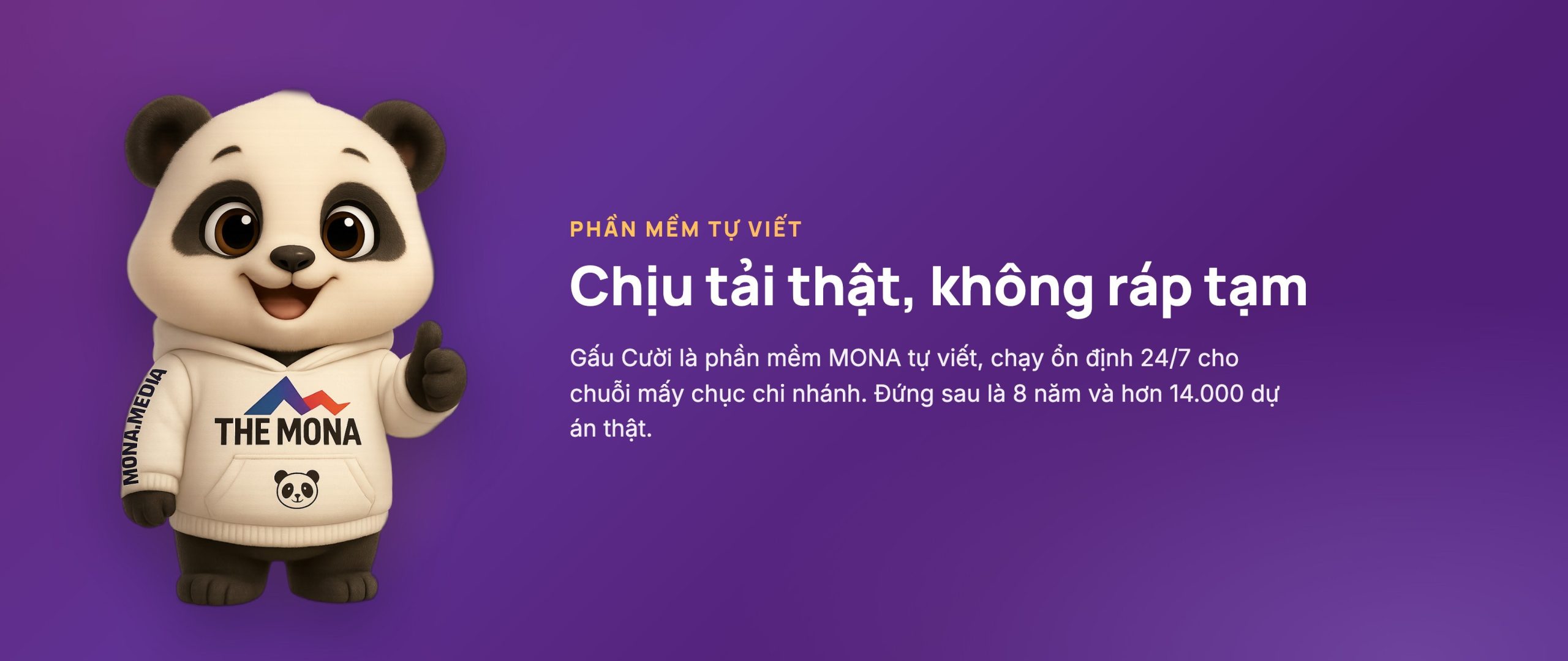 Gấu Cười mascot MONA mặc hoodie trắng THE MONA, phần mềm tự viết chịu tải thật