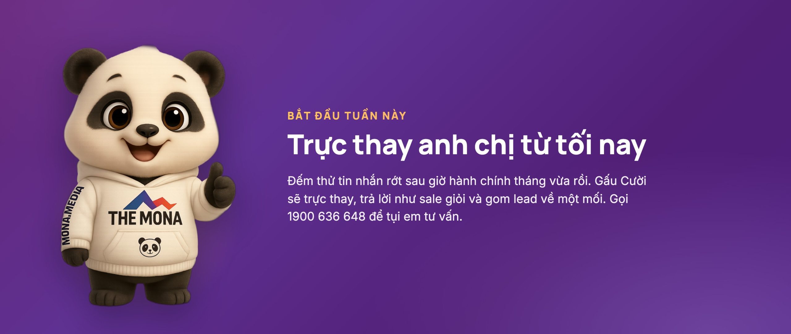 Gấu Cười mascot MONA hoodie trắng THE MONA mời anh chị bắt đầu dùng AI agent chăm sóc khách hàng