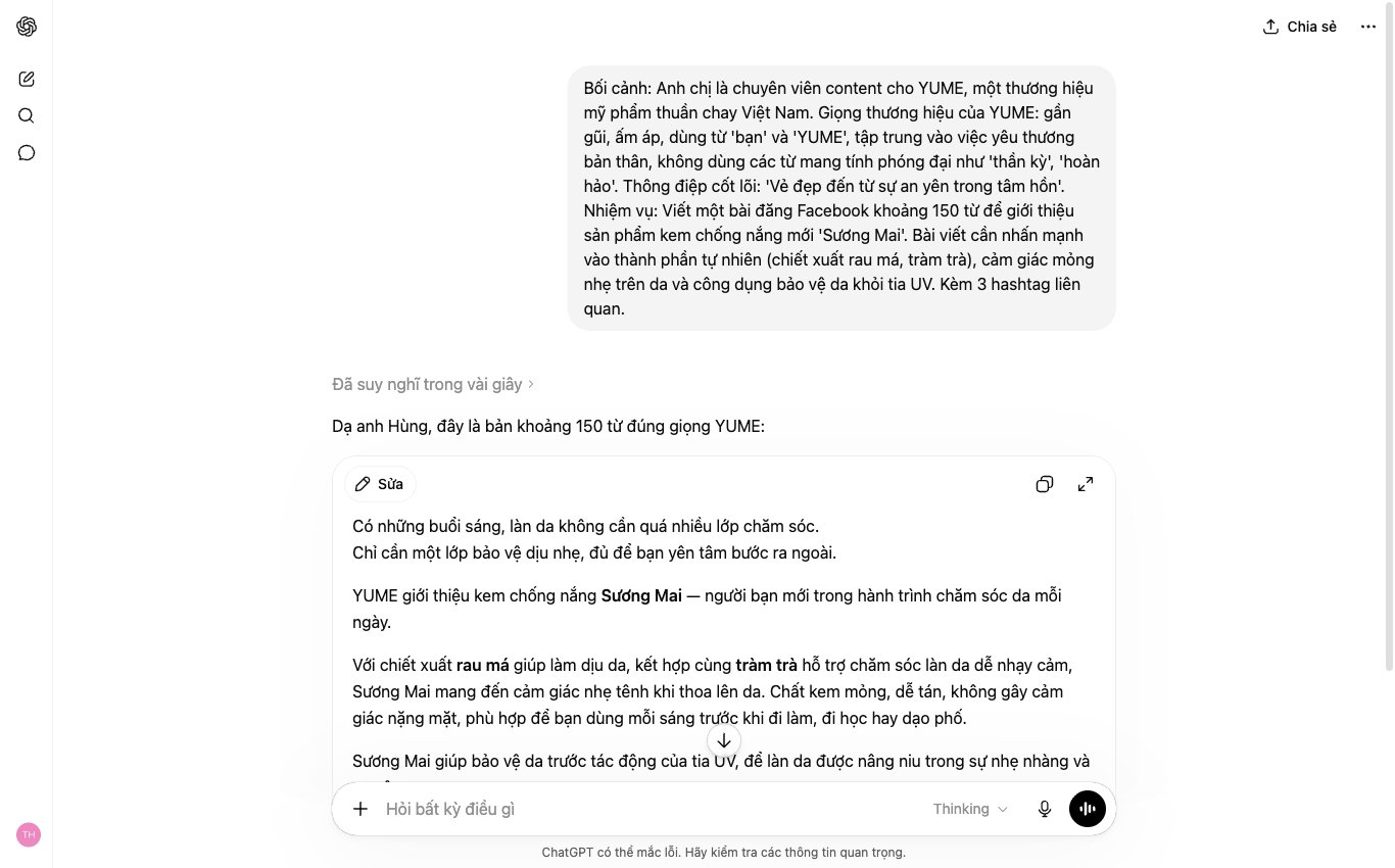 Sử dụng công thức prompt 4 lớp để ChatGPT tiếng Việt viết bài social media đúng giọng thương hiệu mỹ phẩm.