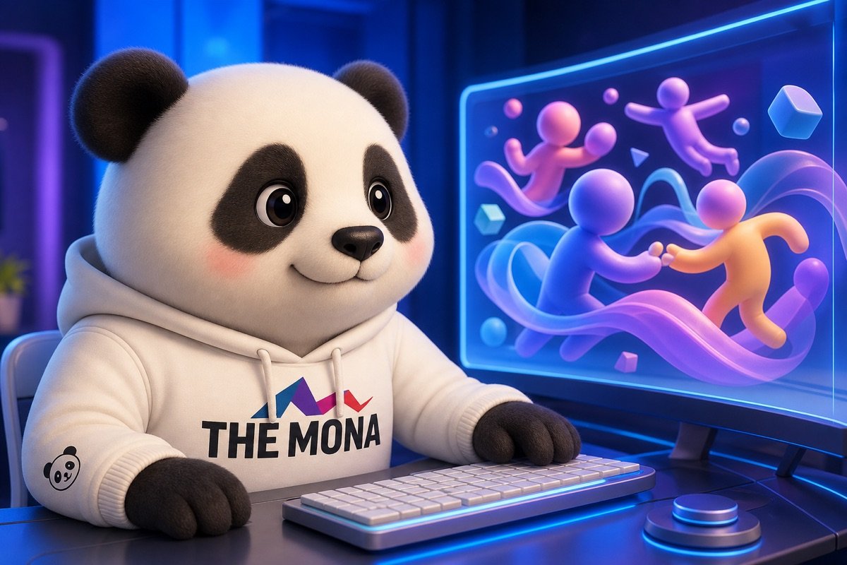 Chú gấu MONA nhẹ nhõm làm việc trên máy tính, thể hiện hy vọng giải quyết mâu thuẫn nội bộ khi nhân viên chống đối tự động hóa.