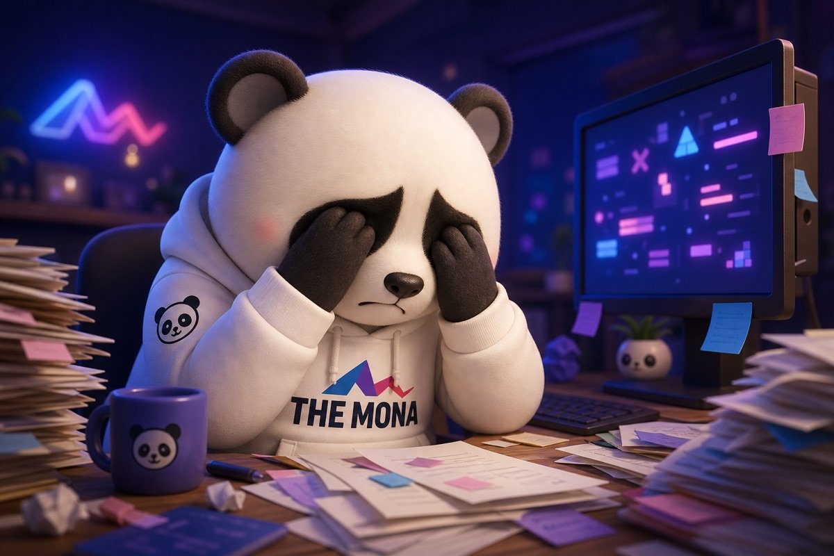 Chú gấu MONA buồn rũ rượi, lo lắng trước núi công việc, thể hiện nỗi đau nhân viên ăn lương không produce và sợ hãi tự động hóa.