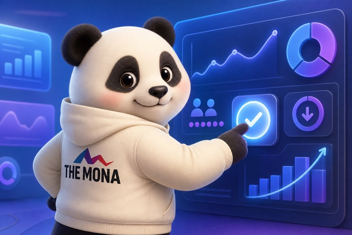 Góc nhìn qua vai chú gấu MONA đang hài lòng xem dashboard hiển thị 90% nhân sự được giữ chân và tiết kiệm chi phí, giải quyết vấn đề headcount cồng kềnh.