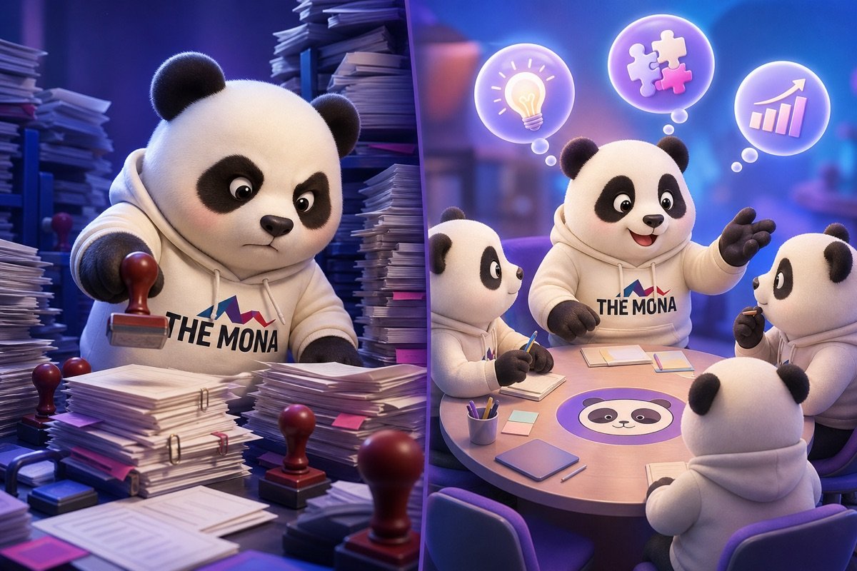 Hình ảnh so sánh: bên trái là quan liêu, bên phải là đối thoại mở, chú gấu MONA thể hiện tầm quan trọng của việc lắng nghe phản hồi nhân viên để cải tiến quy trình.