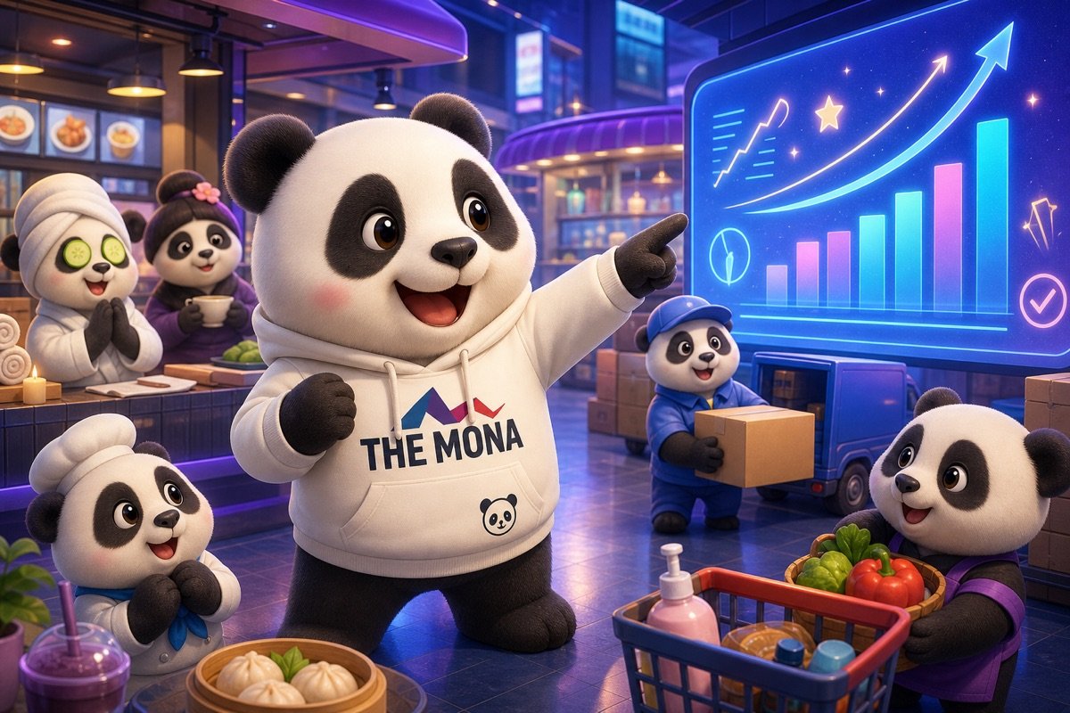 Chú gấu MONA hào hứng chỉ vào màn hình hiển thị thành công tự động hóa đa ngành, giúp doanh nghiệp tránh FOMO và nhân viên chống đối tự động hóa.