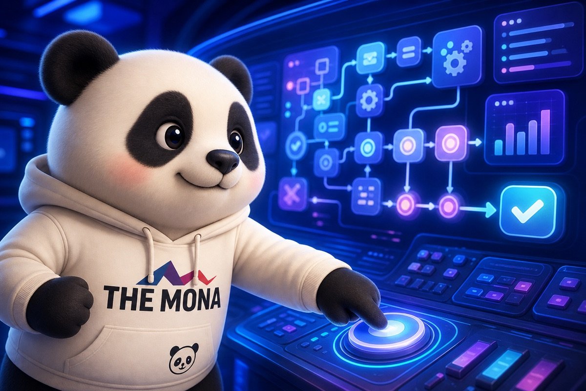 Góc nhìn qua vai chú gấu MONA tự tin xem màn hình hiển thị quy trình tự động hóa hoàn chỉnh, thể hiện khả năng kiểm soát nội bộ và giải quyết nhân viên chống đối.