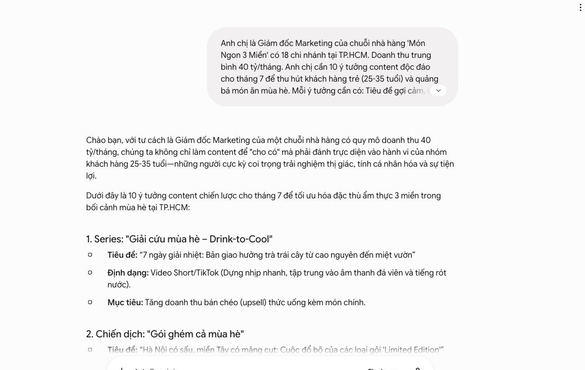 Màn hình Gemini tạo ý tưởng content cho chuỗi nhà hàng, gợi ý nội dung marketing hiệu quả.
