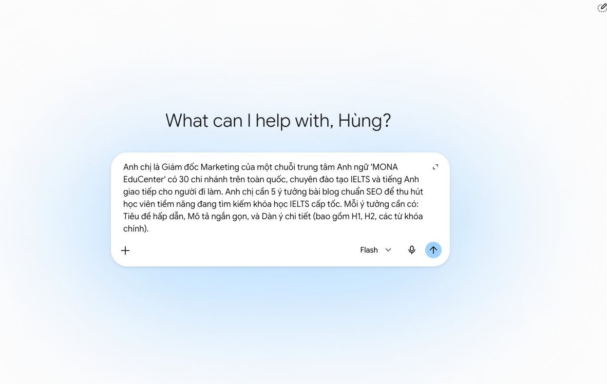 Màn hình Gemini tạo dàn ý blog chuẩn SEO cho trung tâm Anh ngữ, minh họa tối ưu hóa nội dung với Gemini.