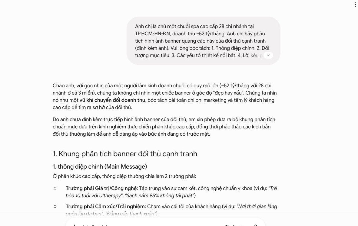 Màn hình Gemini phân tích hình ảnh banner quảng cáo đối thủ, cung cấp góc nhìn chiến lược cho doanh nghiệp spa.