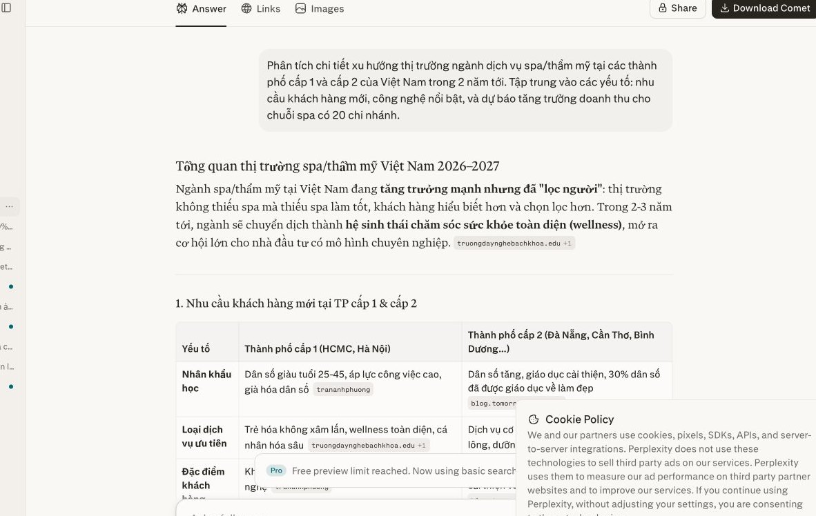 Màn hình Perplexity hiển thị phân tích xu hướng thị trường ngành spa/thẩm mỹ tại Việt Nam, minh họa khả năng nghiên cứu nhanh và sâu.