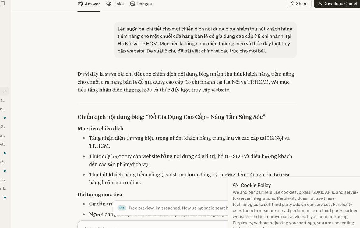 Màn hình Perplexity hiển thị sườn bài và ý tưởng nội dung cho chiến dịch marketing của chuỗi cửa hàng đồ gia dụng cao cấp, minh họa việc tích hợp Perplexity vào quy trình marketing.