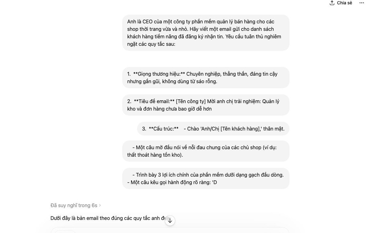 Dùng công thức prompt 4 lớp để ChatGPT viết email marketing đúng giọng thương hiệu.