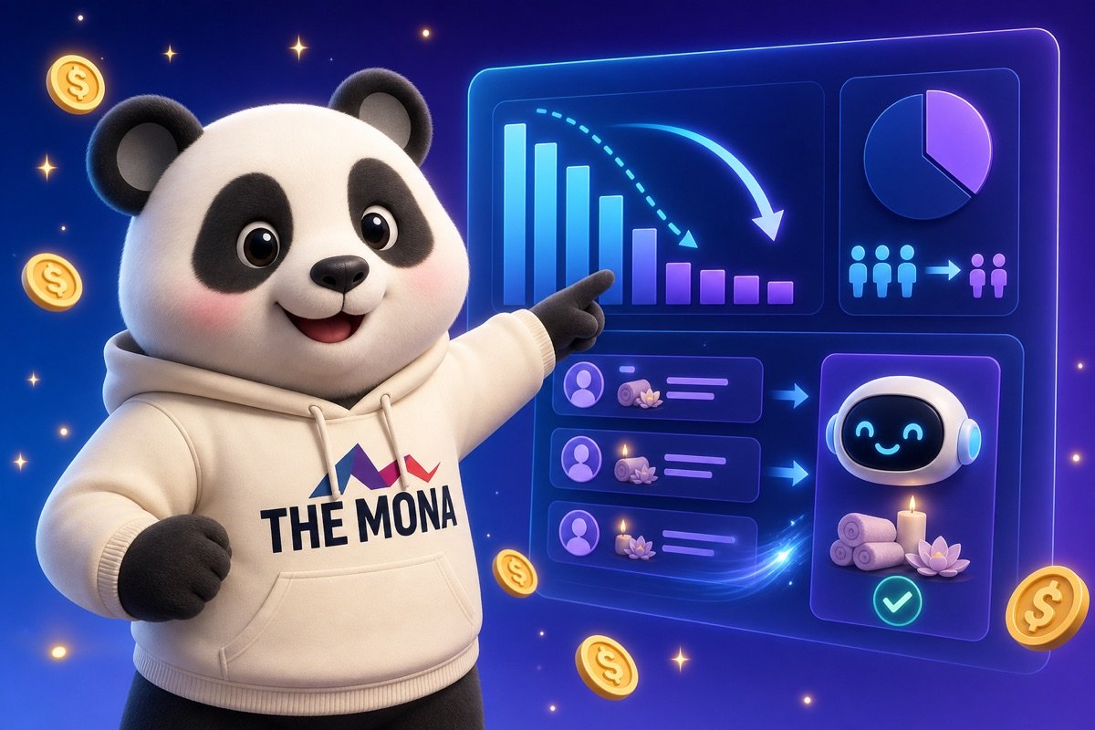 Gấu panda vui mừng chỉ vào màn hình hiển thị giảm 40% chi phí CSKH nhờ AI agent của MONA, vượt xa Dify là gì.