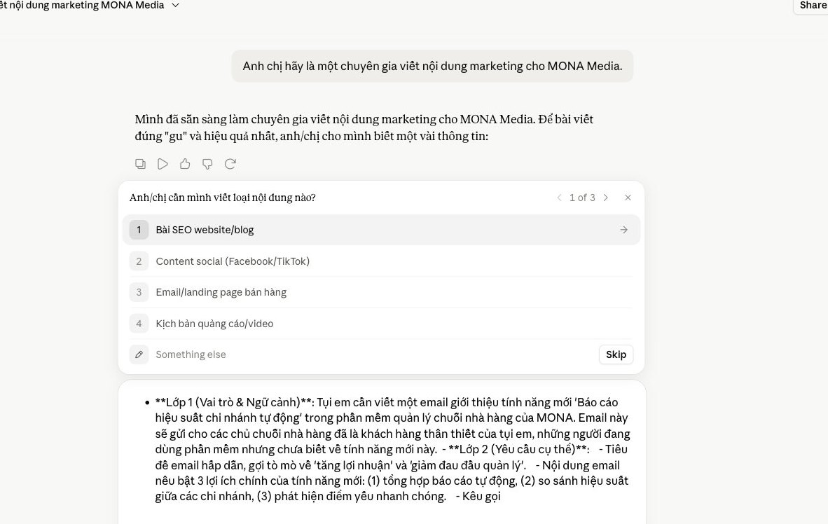 Màn hình Claude với prompt 3 lớp tạo email marketing, giúp duy trì giọng thương hiệu và mục tiêu kinh doanh.