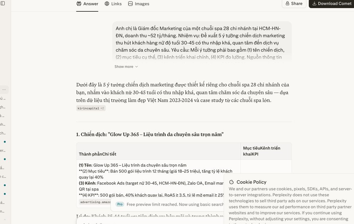 Perplexity tạo chiến dịch marketing cho chuỗi spa với prompt 3 lớp.