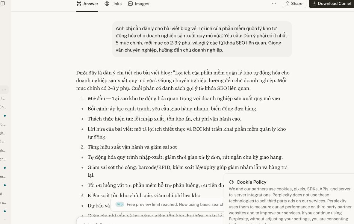 Perplexity tạo dàn ý bài viết blog về phần mềm quản lý kho tự động hóa.