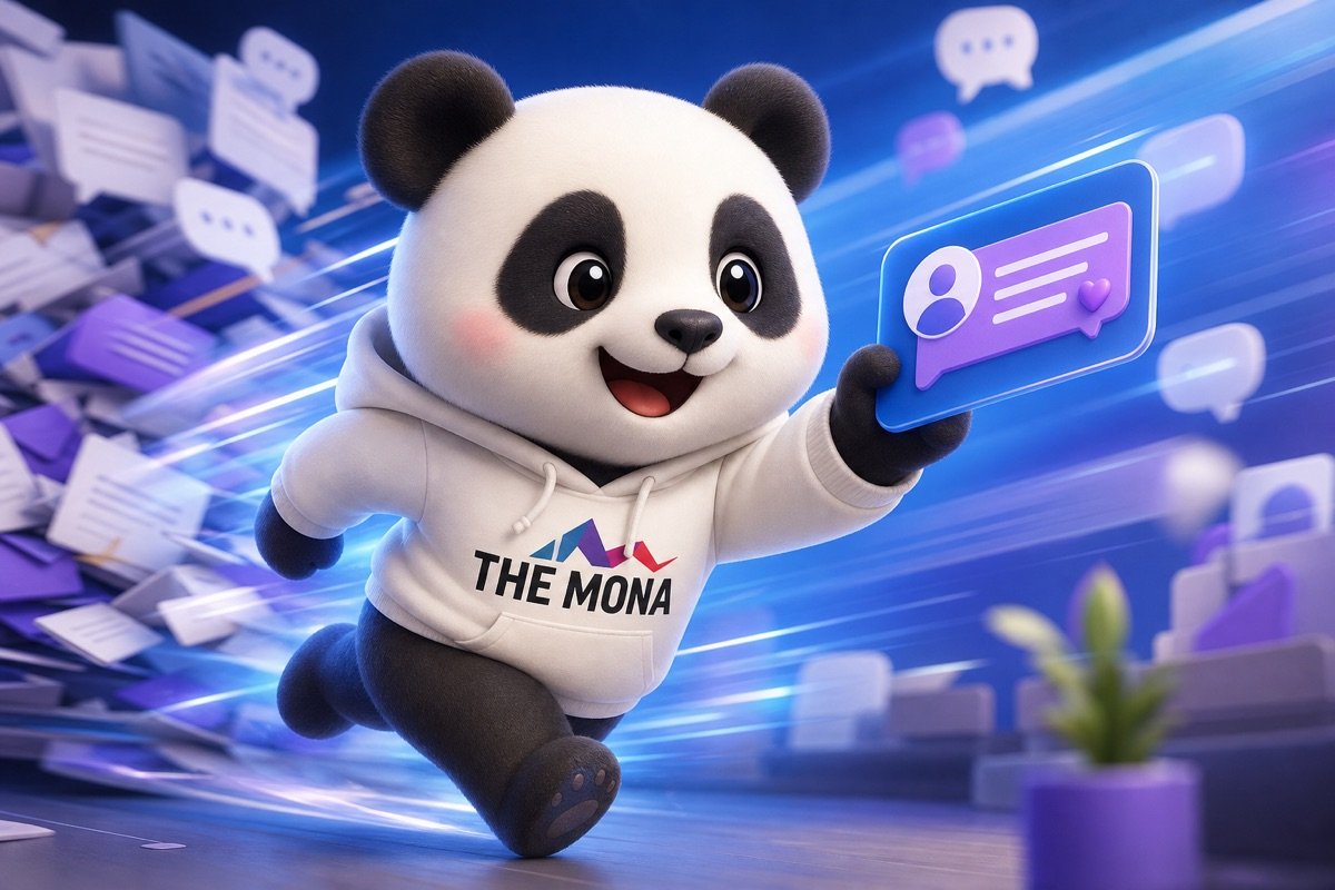 Chú gấu panda vui mừng, nhẹ nhõm lướt qua đống tin nhắn và email B2B chung chung, tượng trưng cho việc thoát khỏi lãng phí thời gian và lương cao output thấp.