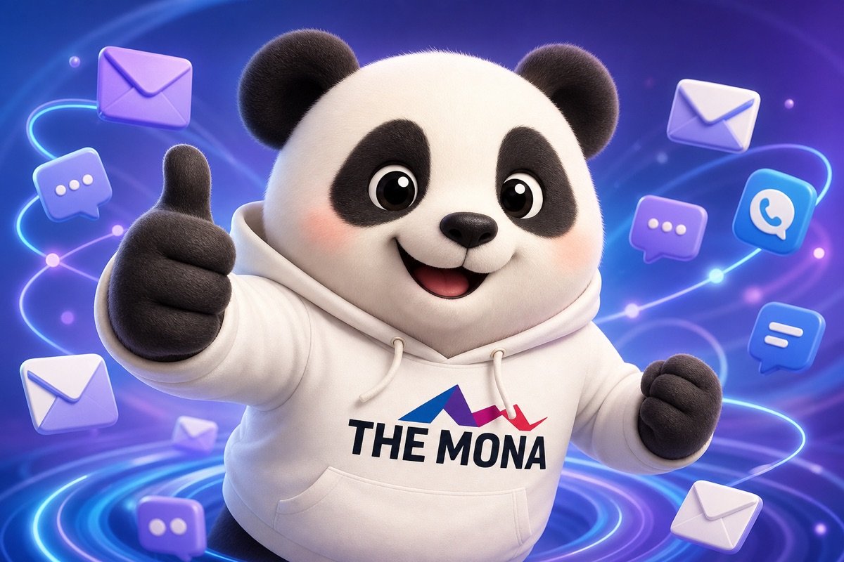 Chú gấu panda cười rực rỡ, giơ ngón cái thể hiện sự hài lòng với phần mềm tự động hóa marketing B2B của MONA, giải quyết nỗi đau về sự không đồng nhất.