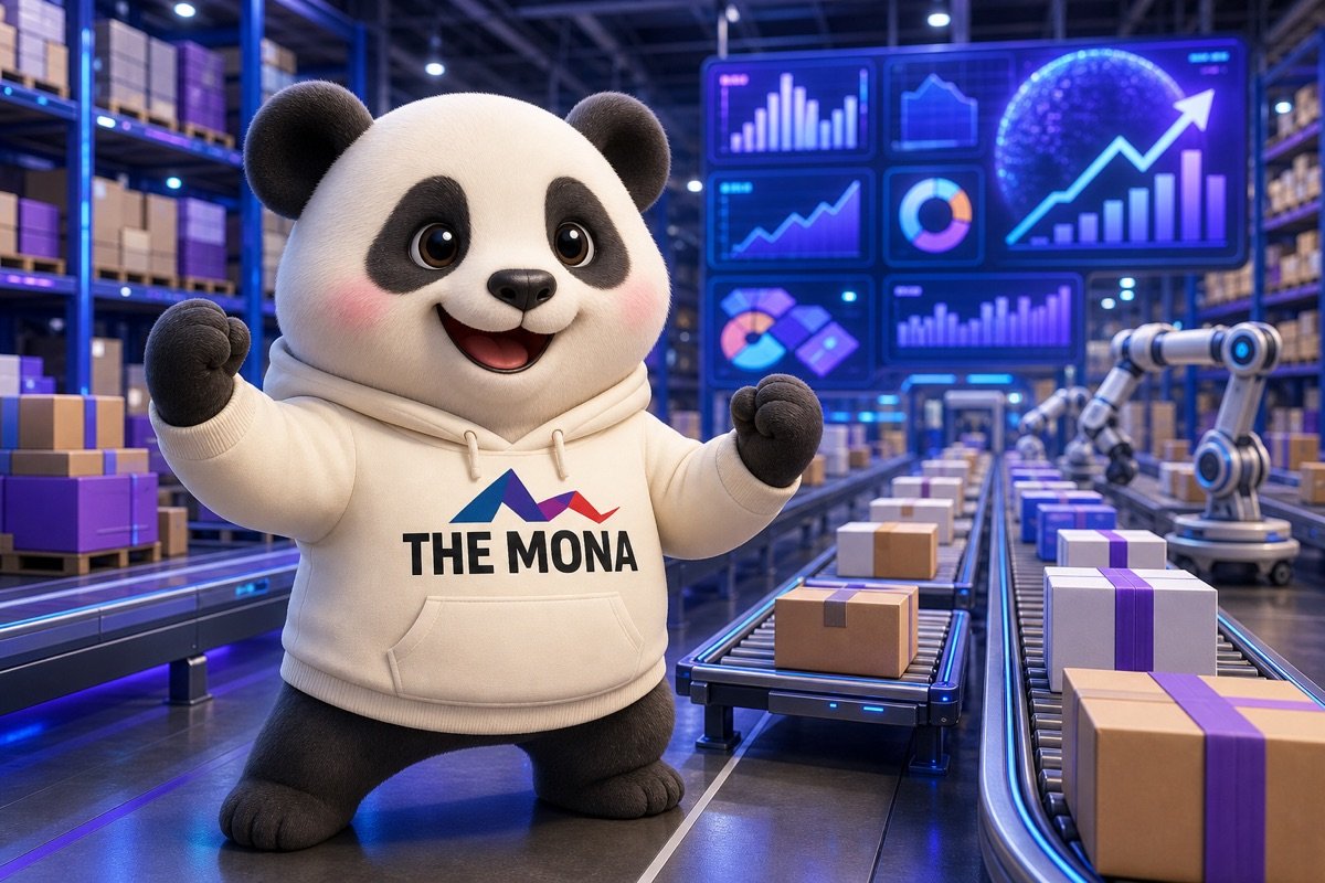 Chú gấu panda cười rực rỡ trong nhà kho phân phối B2B rộng lớn, nơi các màn hình hiển thị doanh số tăng 25% và chi phí giảm 60% nhờ tự động hóa marketing B2B.