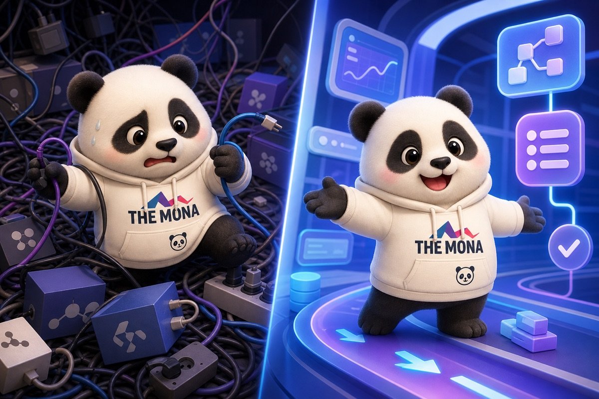 Hình ảnh so sánh trước và sau: bên trái là chú gấu panda bối rối giữa đống công nghệ hỗn loạn, bên phải là chú gấu panda vui vẻ dang tay mời gọi đến giải pháp tự động hóa marketing B2B rõ ràng của MONA.