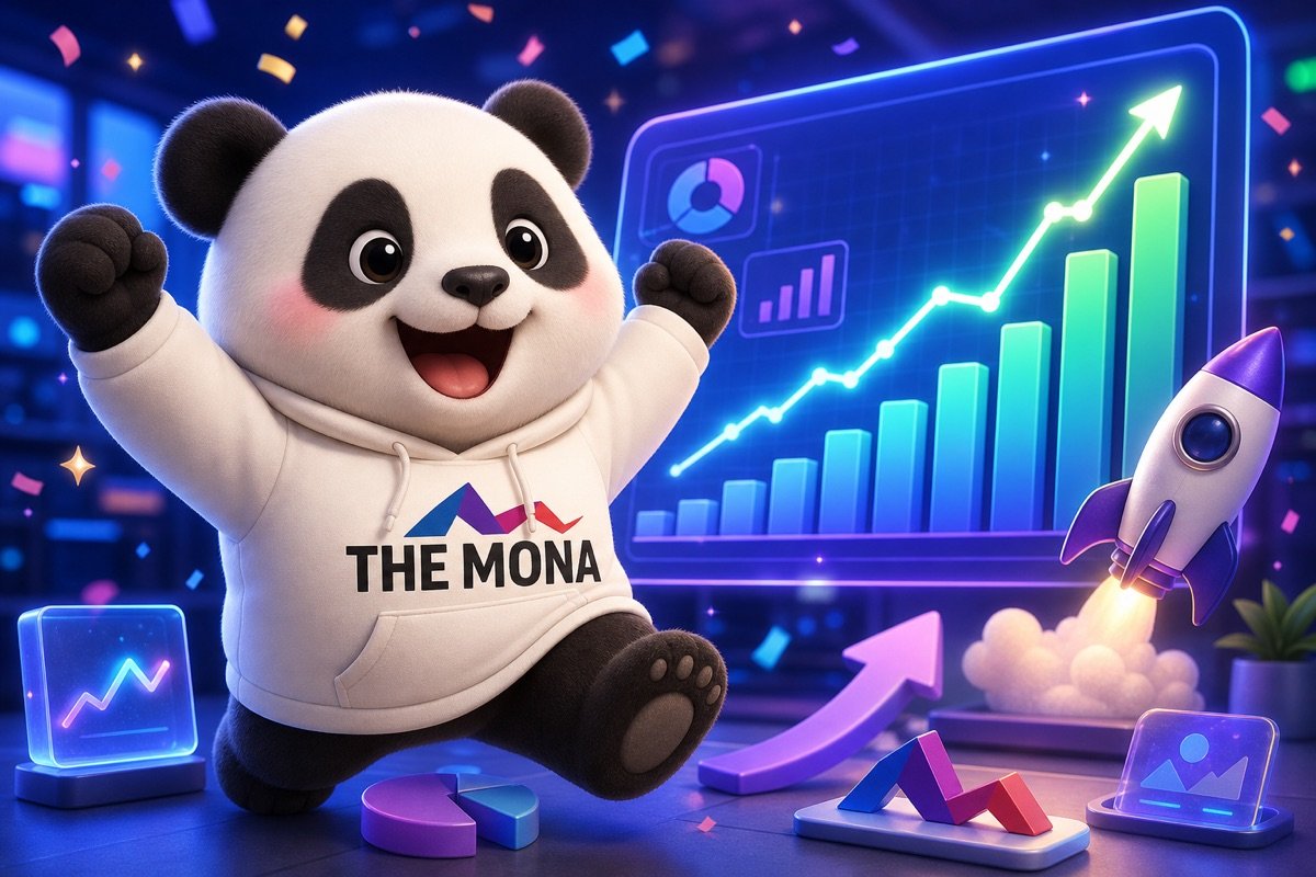 Gấu trúc vui vẻ nhìn màn hình hiển thị doanh số tăng vọt sau khi đội sale được đào tạo sản phẩm mới hiệu quả.