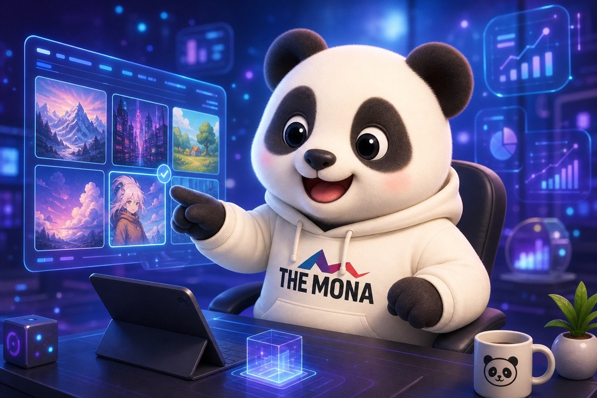 Chú gấu trúc chibi tươi cười nhẹ nhõm, đang so sánh các công cụ AI thiết kế hình ảnh trên màn hình, giúp doanh nghiệp chọn lựa dễ dàng hơn.