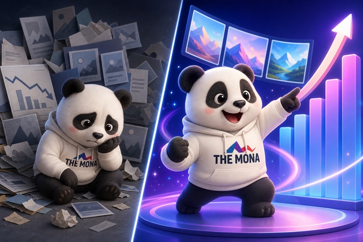 Hình ảnh so sánh trước và sau: bên trái là marketing cũ kỹ, bên phải là chú gấu trúc chibi tươi cười chỉ vào hiệu quả vượt trội của công cụ AI thiết kế hình ảnh, giúp tăng doanh thu.