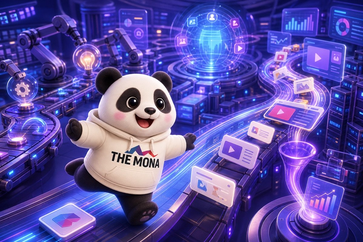 Chú gấu trúc chibi tươi cười rạng rỡ, nhẹ nhõm đứng trong trung tâm marketing số, nơi các công cụ AI thiết kế hình ảnh tự động hóa chuỗi quy trình, tối ưu hóa công suất.