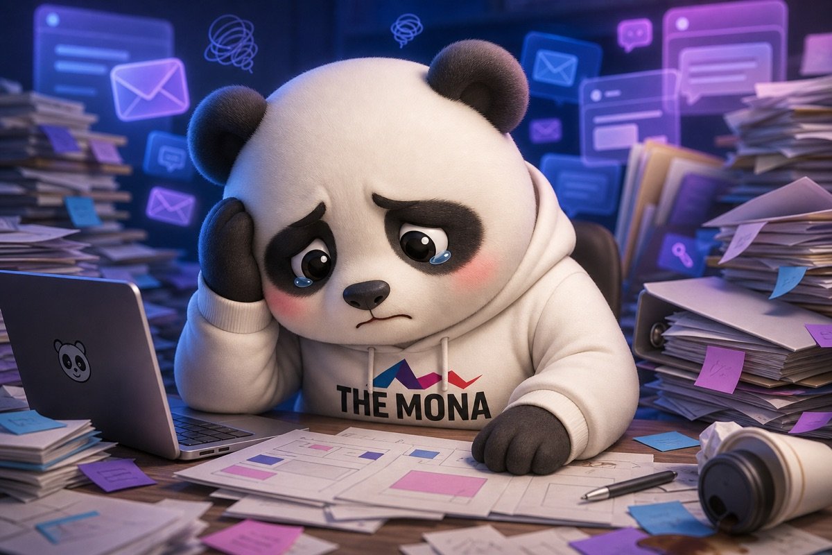 Chú gấu trúc chibi buồn rũ rượi, căng thẳng bên bàn làm việc ngập tràn công việc, minh họa nỗi đau lương cao nhưng output thấp khi thiếu công cụ AI thiết kế hình ảnh.