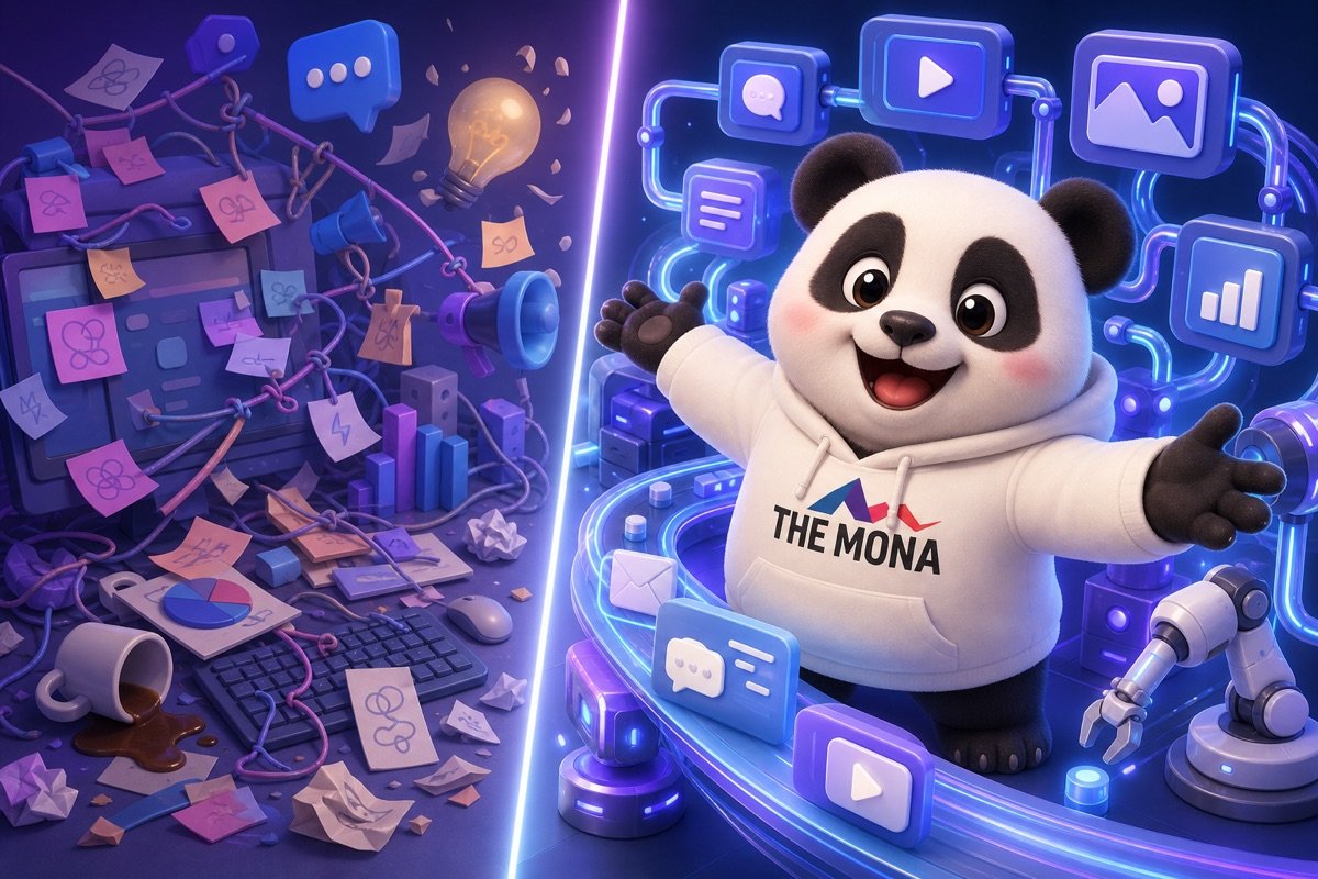 Hình ảnh so sánh trước và sau: bên trái là quy trình marketing hỗn loạn, bên phải là chú gấu trúc chibi tươi cười mời gọi, minh họa chuỗi marketing tự động toàn diện cùng MONA và công cụ AI thiết kế hình ảnh.