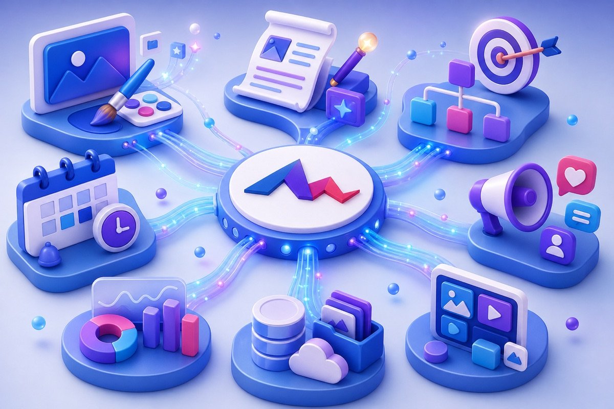 Infographic phẳng giới thiệu giải pháp tự động hóa marketing toàn diện của MONA, bao gồm công cụ AI thiết kế hình ảnh, với các mô-đun tích hợp và luồng dữ liệu liền mạch.