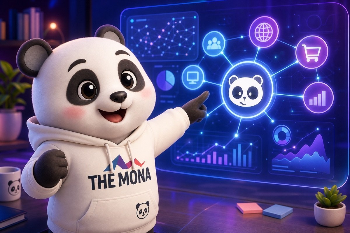 Chibi panda tươi cười chỉ vào màn hình hiển thị các thực thể doanh nghiệp liên kết, minh họa tầm quan trọng của Entity SEO là gì.