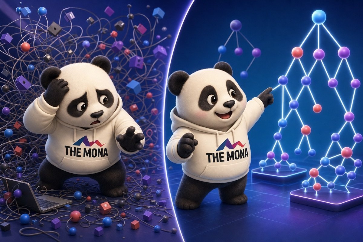 Hình ảnh so sánh: một bên là dữ liệu hỗn loạn và panda lo lắng, bên kia là dữ liệu có cấu trúc và panda tươi cười nhờ Entity SEO.