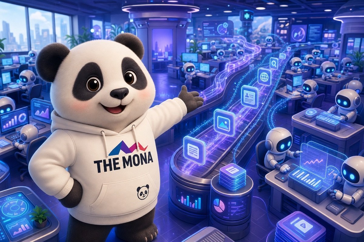 Chibi panda tươi cười giám sát các AI agent tự động hóa quy trình Entity SEO tại văn phòng MONA, giải quyết vấn đề lương cao output thấp.