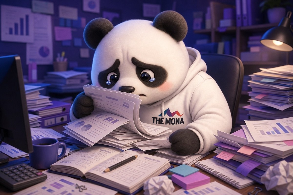Chibi panda buồn bã, rũ rượi bên bàn làm việc đầy báo cáo thủ công, minh họa nỗi đau lương cao output thấp trước khi áp dụng Entity SEO tự động.