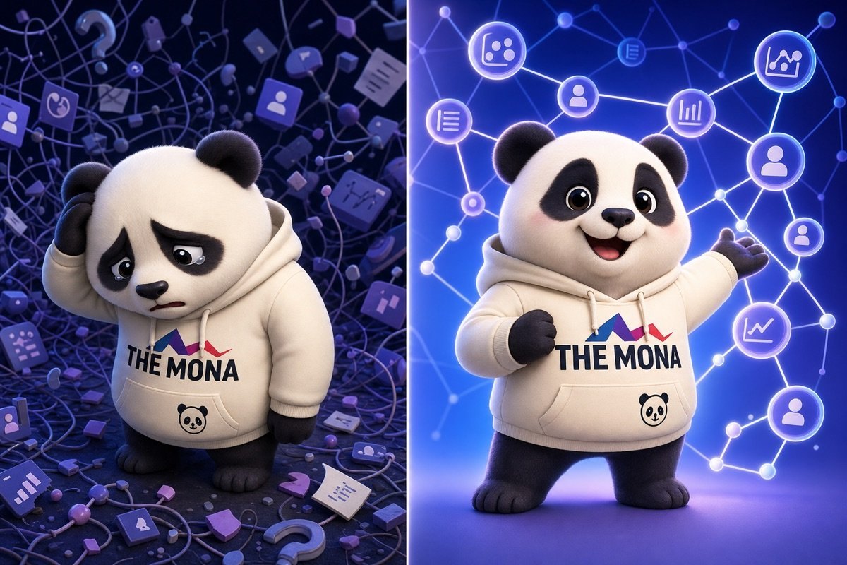 Hình ảnh so sánh: một bên là panda bối rối với dữ liệu hỗn loạn, bên kia là panda tươi cười tự tin với cấu trúc thực thể rõ ràng, nhờ MONA xây dựng Entity SEO.