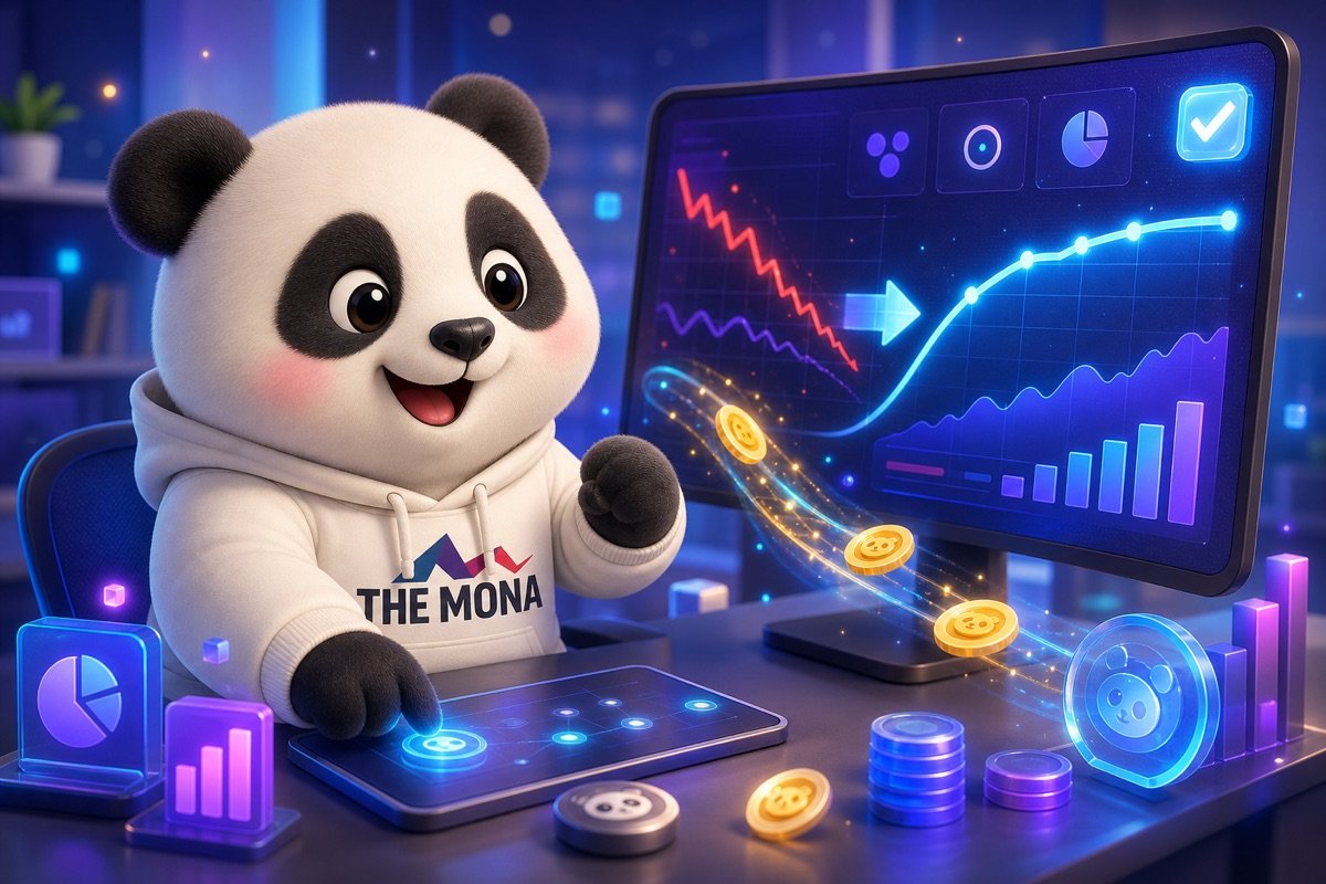 Gấu panda vui mừng, cười tươi rạng rỡ khi nhìn màn hình hiển thị chi phí AI quảng cáo Google Facebook được tối ưu.