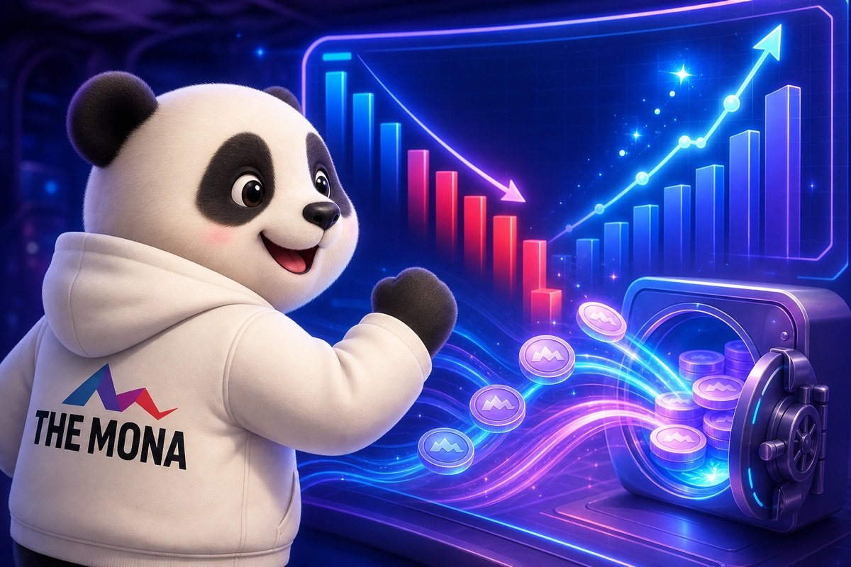 Gấu panda cười tươi, nhẹ nhõm nhìn bảng điều khiển hiển thị hiệu suất đầu tư AI quảng cáo Google Facebook tăng vọt.