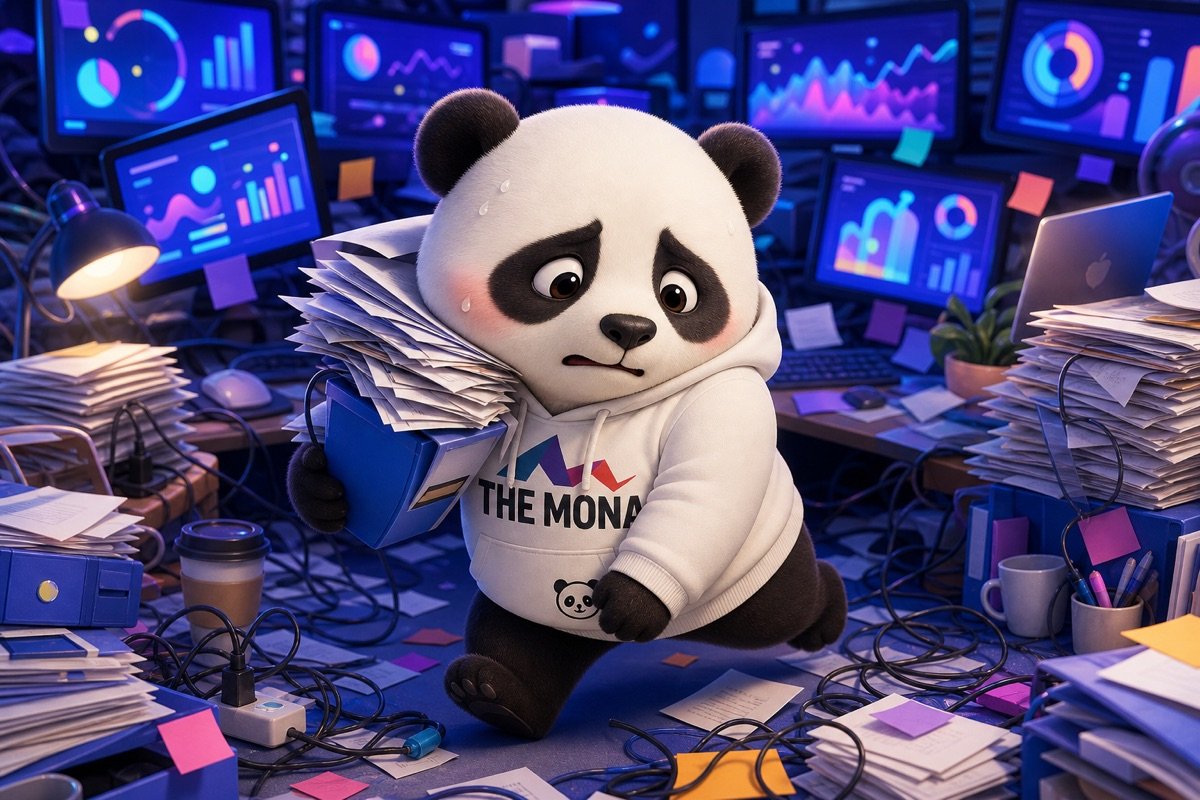 Gấu panda buồn bã, lo lắng khi đối mặt với núi công việc tối ưu AI quảng cáo Google Facebook.