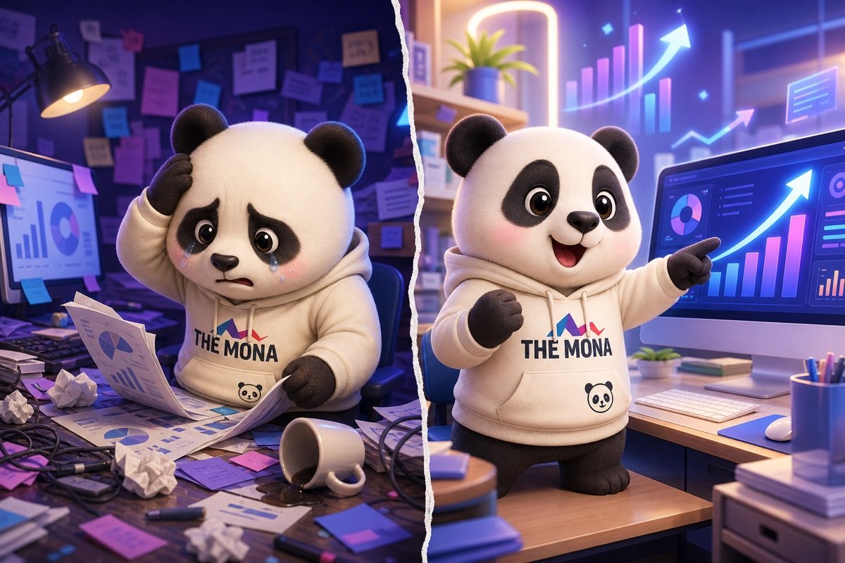 Gấu panda hào hứng, cười tươi chỉ vào con số hiệu quả của AI quảng cáo Google Facebook trên màn hình.