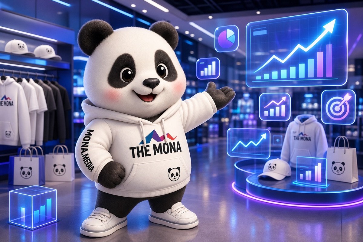 Gấu panda vui mừng, cười tươi rạng rỡ trong cửa hàng bán lẻ, bên cạnh màn hình hiển thị hiệu quả của AI quảng cáo Google Facebook.
