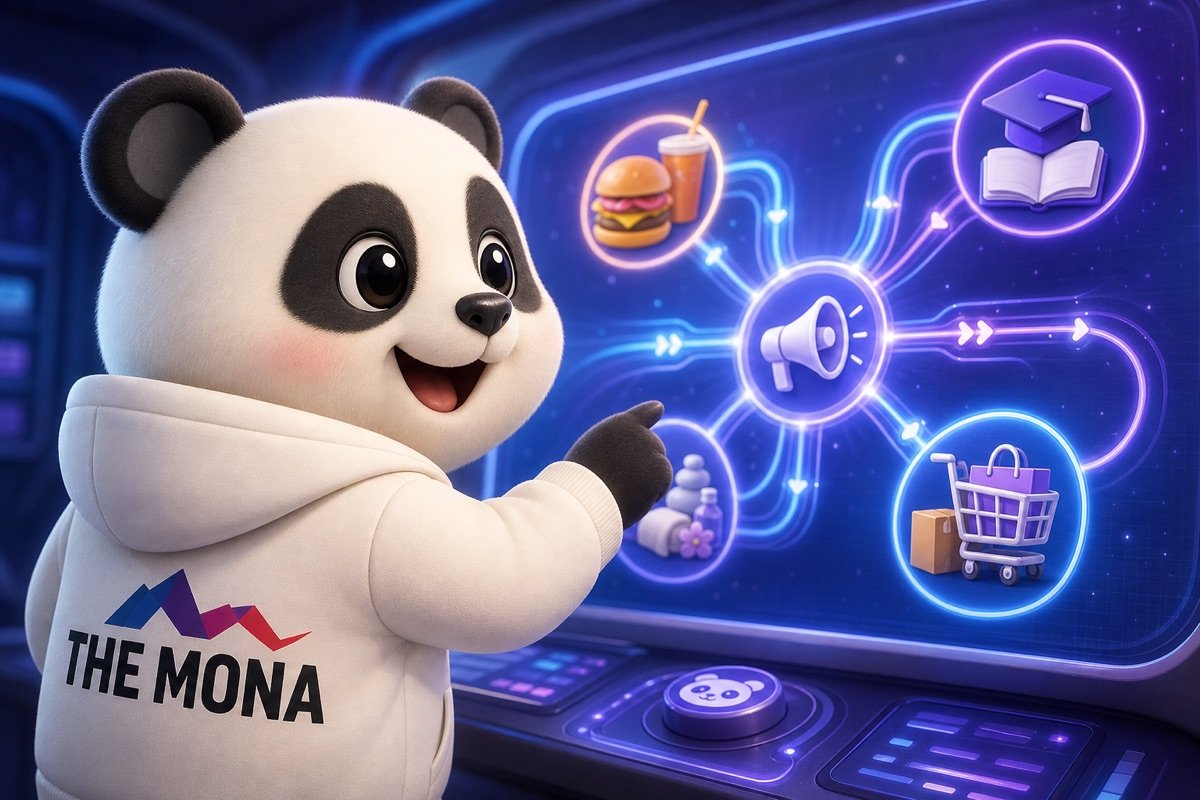 Gấu panda vui mừng, cười tươi rạng rỡ nhìn màn hình hiển thị các ngành nghề hưởng lợi từ AI quảng cáo Google Facebook.