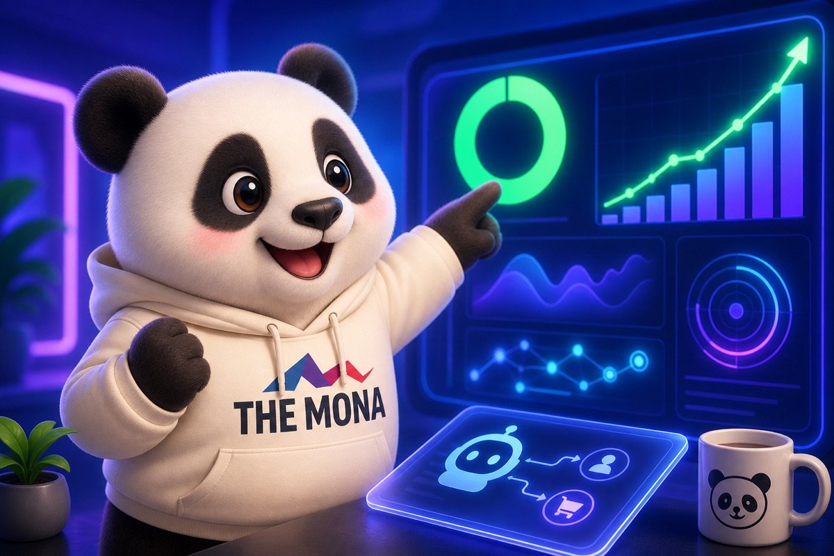 Màn hình hiển thị doanh thu tăng vọt nhờ AI Agent tạo đơn hàng tự động, panda vui mừng.