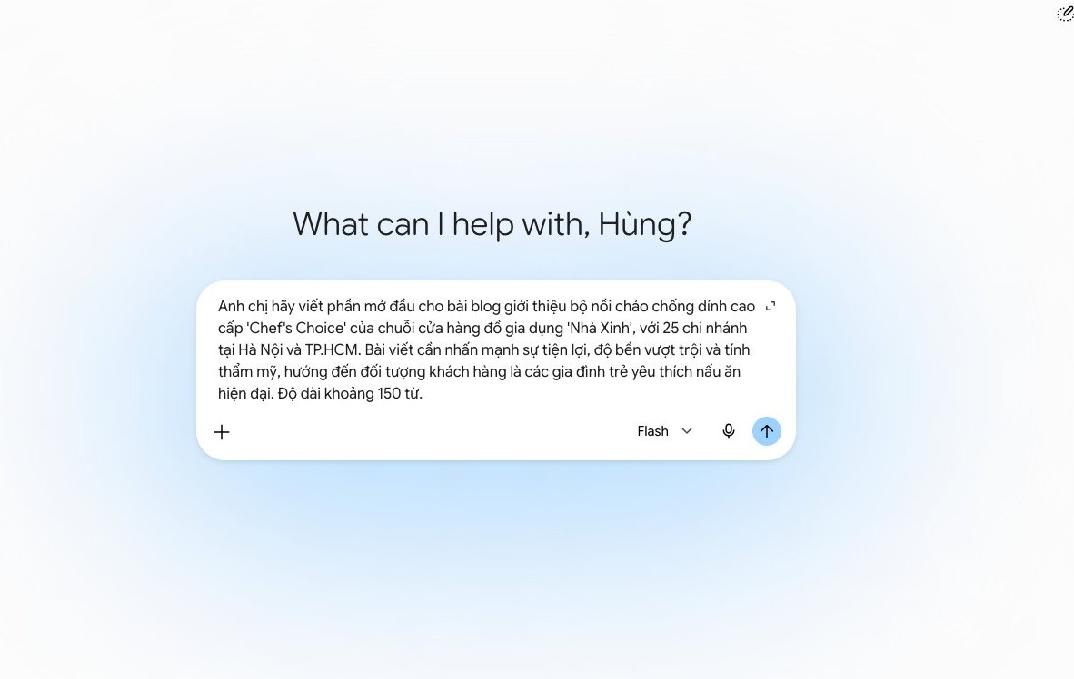 Màn hình Gemini tạo phần mở đầu bài blog giới thiệu bộ nồi chảo 'Chef's Choice' của chuỗi Nhà Xinh, minh họa khả năng tăng tốc sản xuất nội dung số.