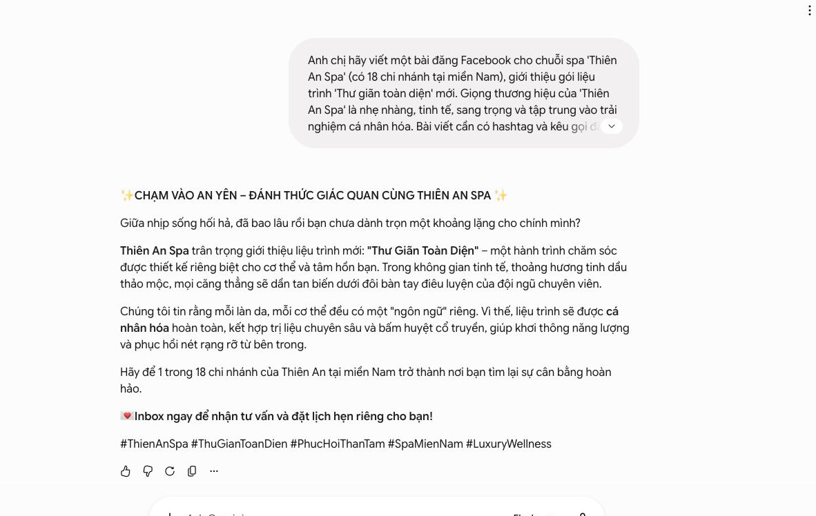 Màn hình Gemini tạo bài đăng Facebook cho 'Thiên An Spa' với giọng thương hiệu nhẹ nhàng, tinh tế, minh họa cách ép Gemini bám sát phong cách doanh nghiệp.