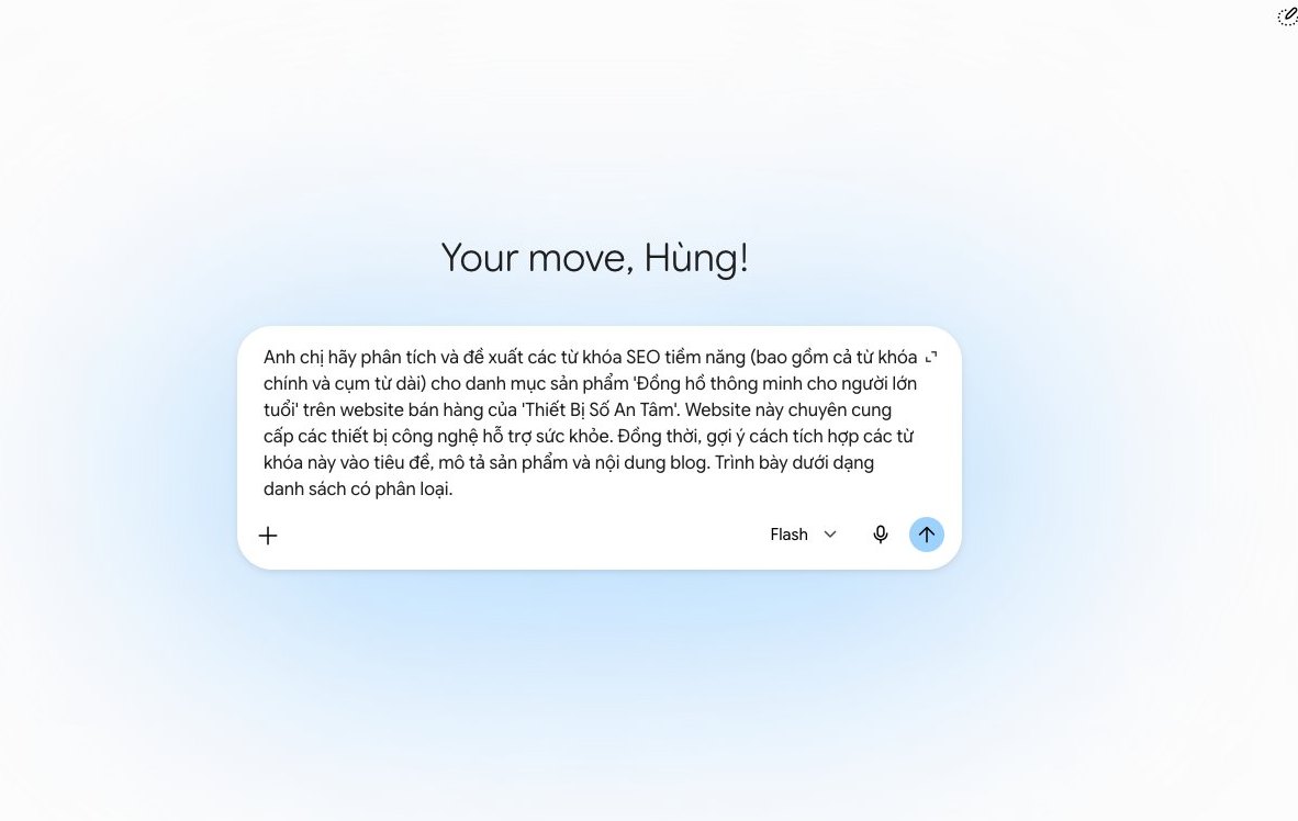 Màn hình Gemini hiển thị danh sách từ khóa SEO và cụm từ dài cho 'đồng hồ thông minh cho người lớn tuổi' của 'Thiết Bị Số An Tâm', minh họa tối ưu hóa SEO.