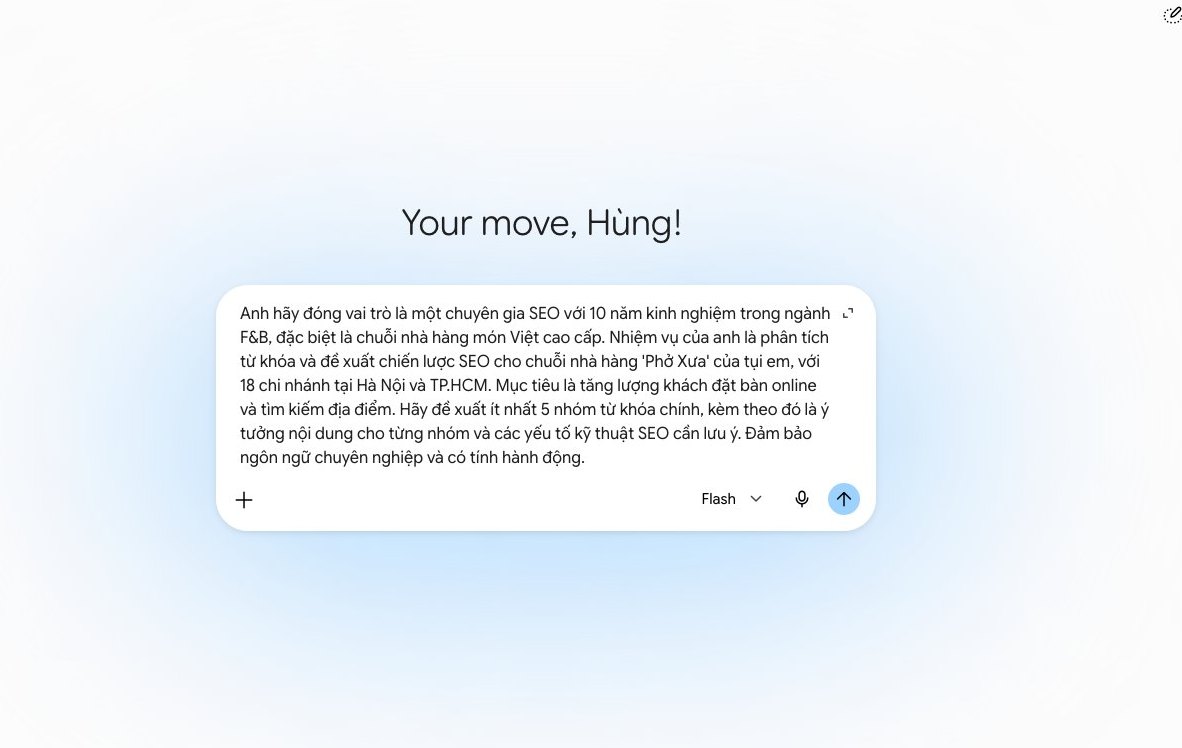 Gemini miễn phí, chuyên gia SEO, chiến lược SEO nhà hàng, tối ưu hóa công cụ tìm kiếm, từ khóa F&B.