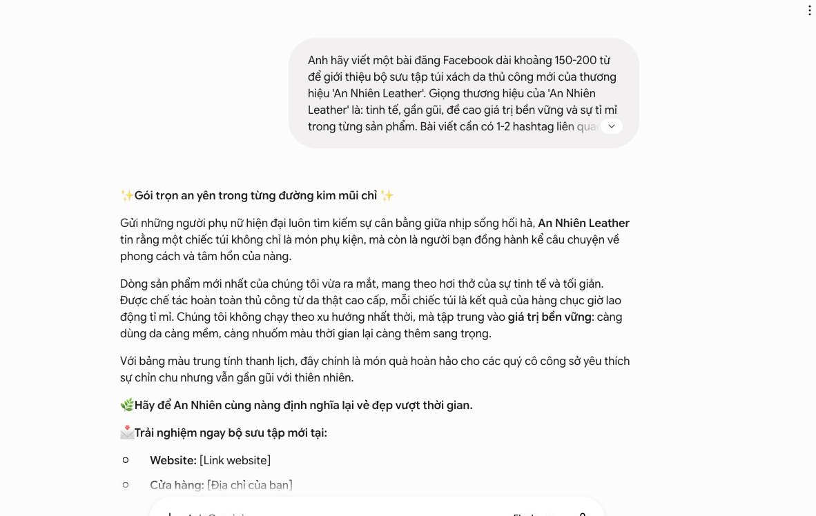 Gemini miễn phí, giọng thương hiệu, bài đăng Facebook, nội dung marketing, túi xách thủ công.