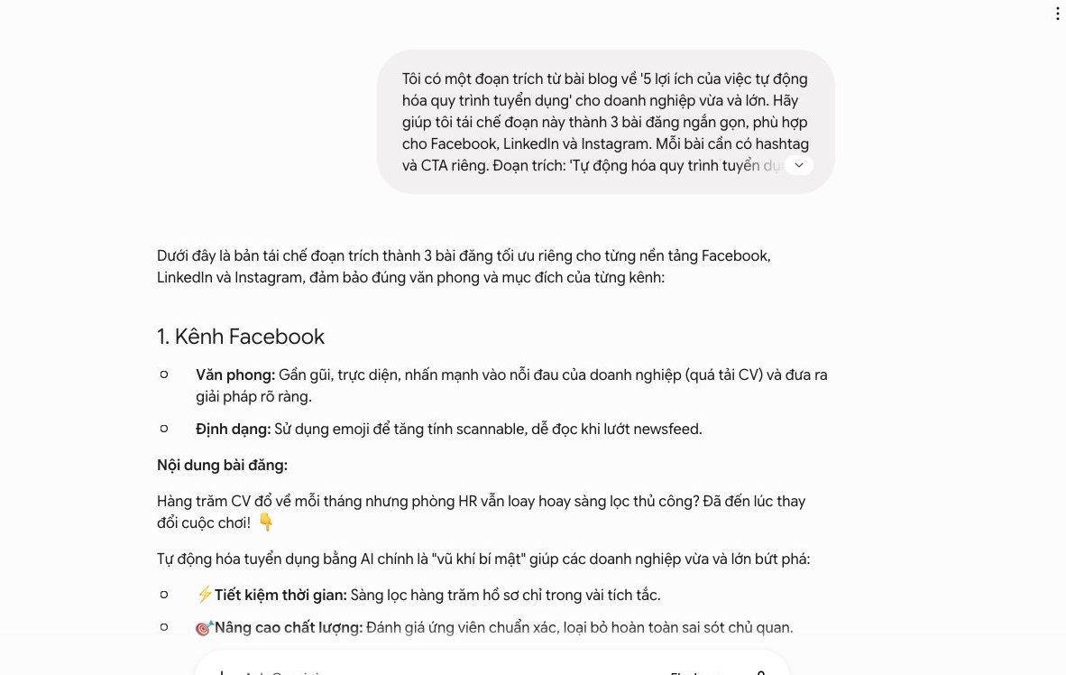Màn hình Gemini trên điện thoại tái chế nội dung bài blog thành nhiều bài đăng mạng xã hội khác nhau.