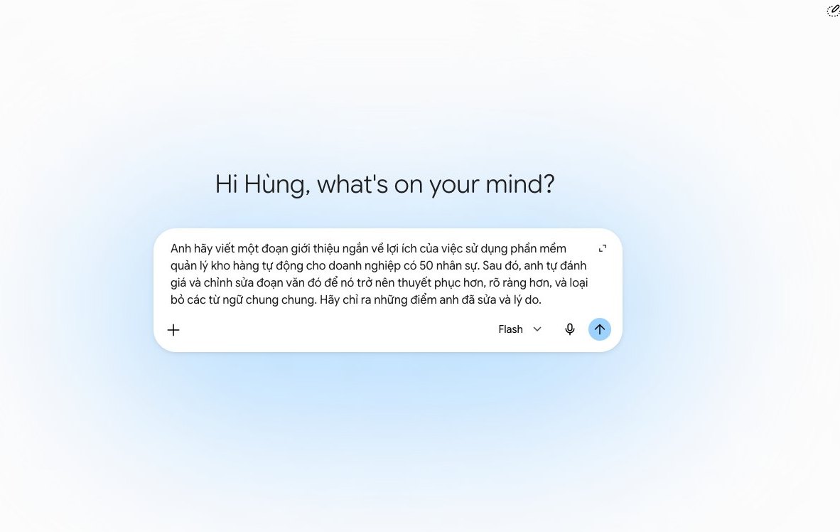 Màn hình Gemini trên điện thoại tự chấm điểm và sửa lỗi nội dung về phần mềm quản lý kho.